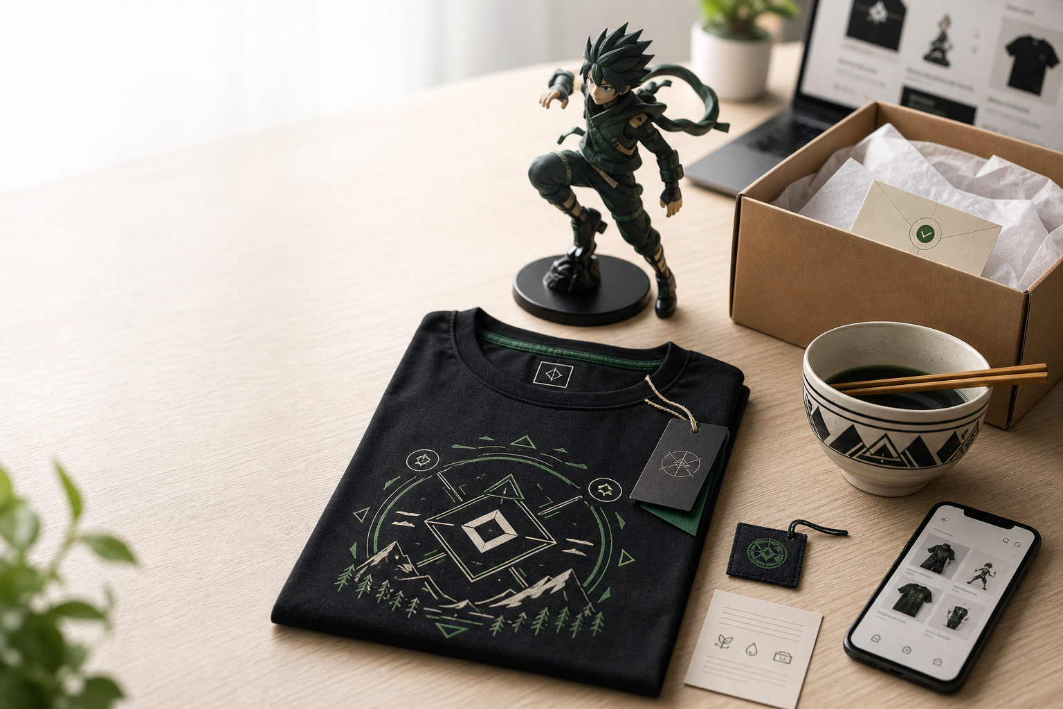 Flat lay av officiell Hunter x Hunter-inspirerad anime-merch: bomulls-T-shirt, samlarfigur, ramen-skål och paketbox för onlineköp på Nerdbutiken.se