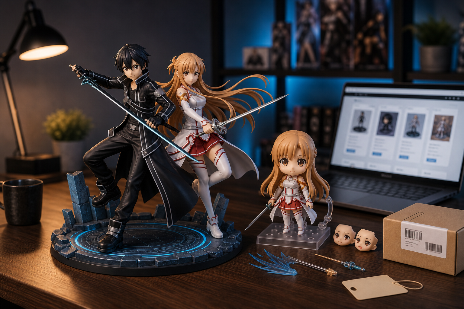 Premium Sword Art Online-inspirerade samlarfigurer på skandinaviskt skrivbord med varm belysning och blå accent – perfekt SAO merch i Sverige.
