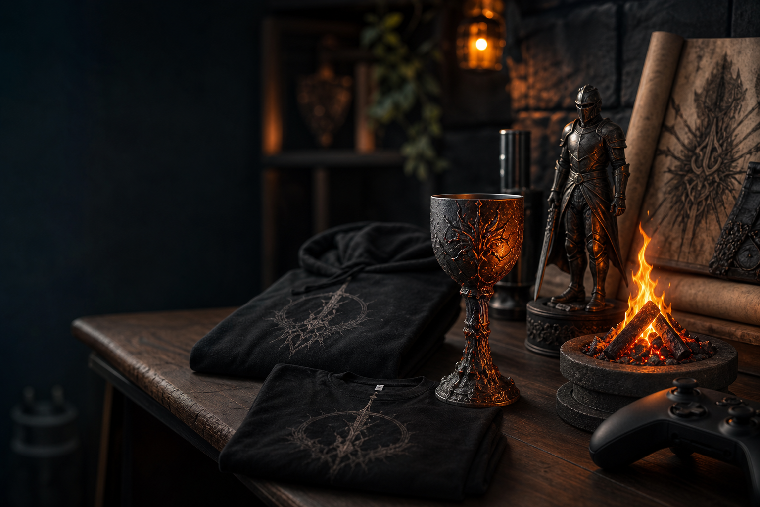 Mysig gamerhörna med Dark Souls-inspirerad merch: bonfirelik låga, resinbägare med emberdetaljer, hoodie, figur och handkontroll i mörk miljö