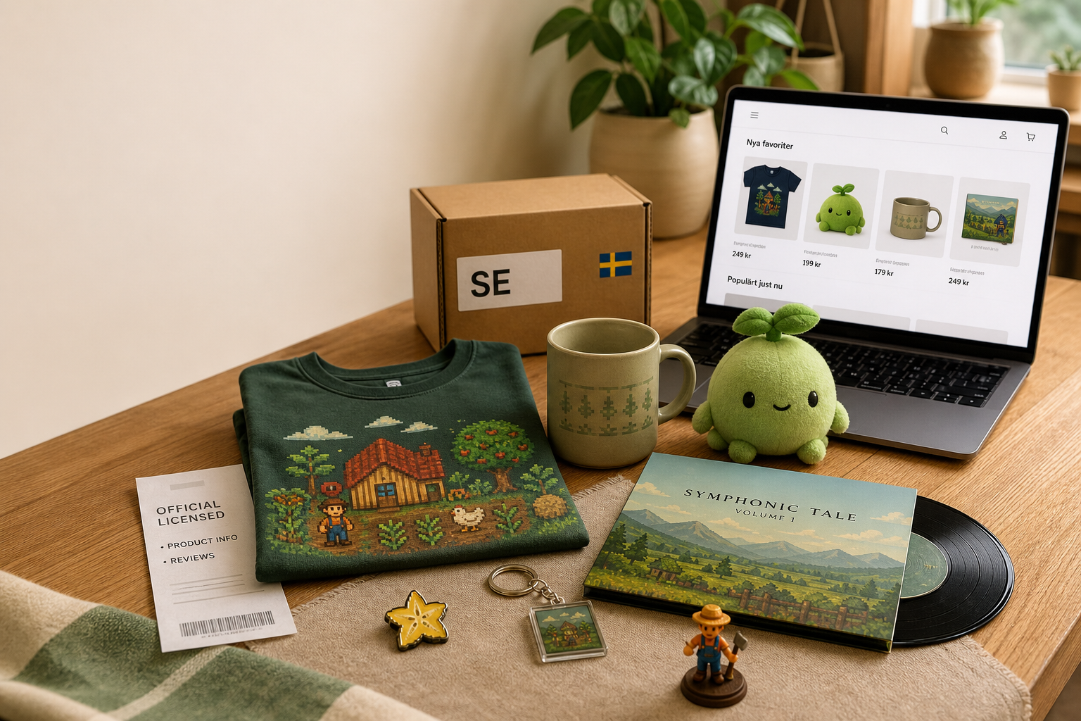 Stardew Valley-merch på mysigt svenskt skrivbord: t‑shirt, pin, mugg, junimo‑plush och samlarprylar, med webshop på laptop och SE-fraktlåda.