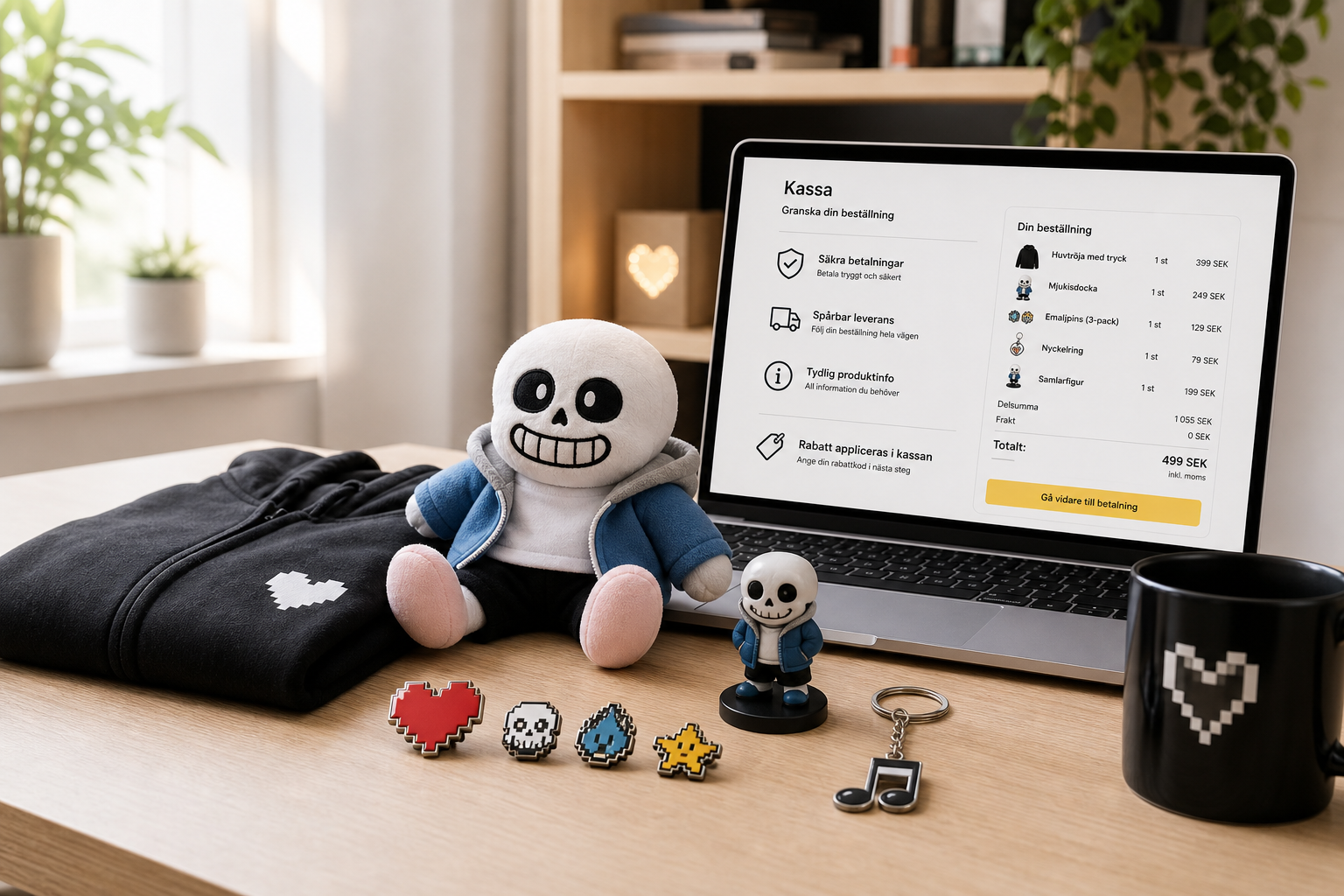 Undertale-inspirerad merch på skandinavisk skrivbordsmiljö med laptop och svensk trygg e-handel-kassa, hoodie, pins och plush i premiumljus.