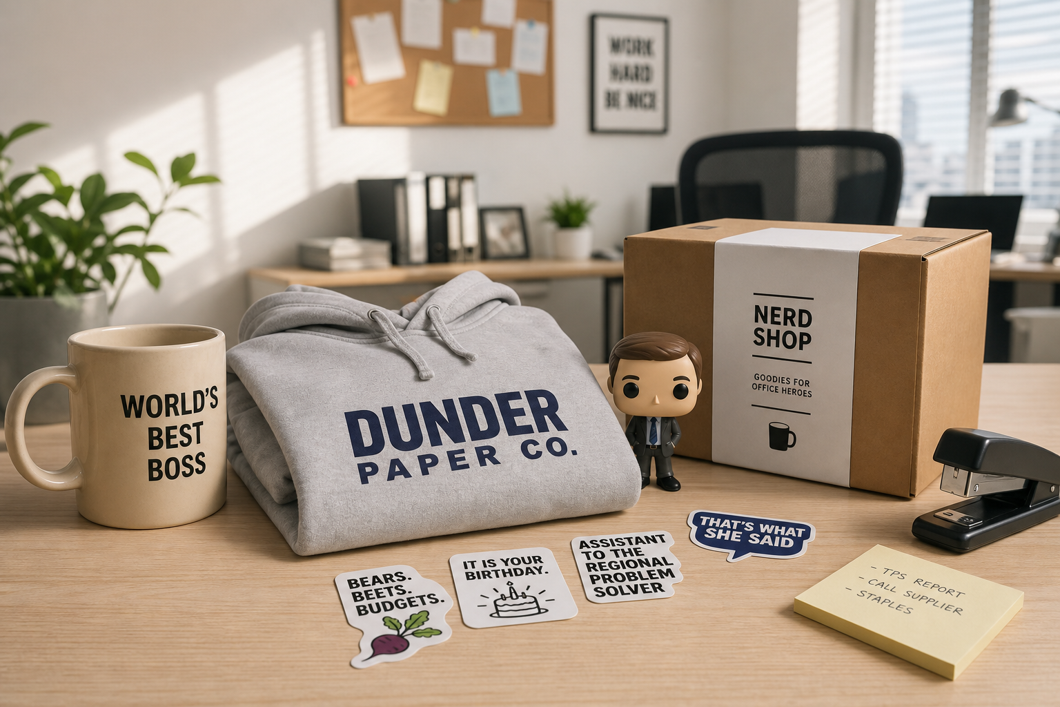 Alt text: **Skrivbord med “WORLD’S BEST BOSS”-mugg, Dunder Paper Co.-hoodie, stickers och fraktlåda i modern kontorsmiljö, mjukt dagsljus**