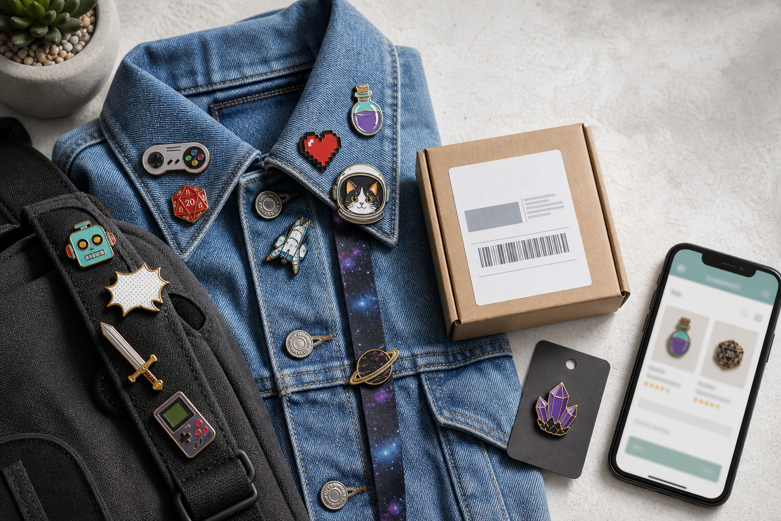 Flat lay med jeansjacka och ryggsäcksrem med nördiga emaljpins och badges, samt paket och mobil med webbshop – pins från Nerdbutiken.se.
