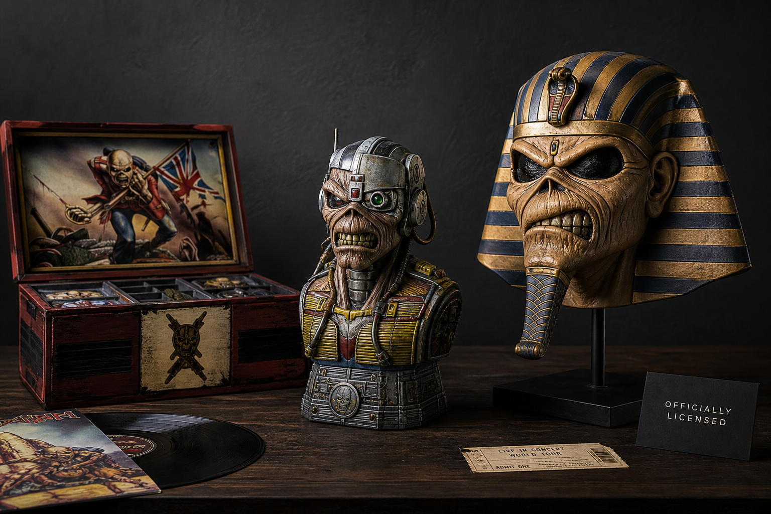 Officiellt licensierad Iron Maiden-merch: Eddie-byst, Powerslave-mask och Trooper-förvaringslåda på mörk hylla i studiofoto.