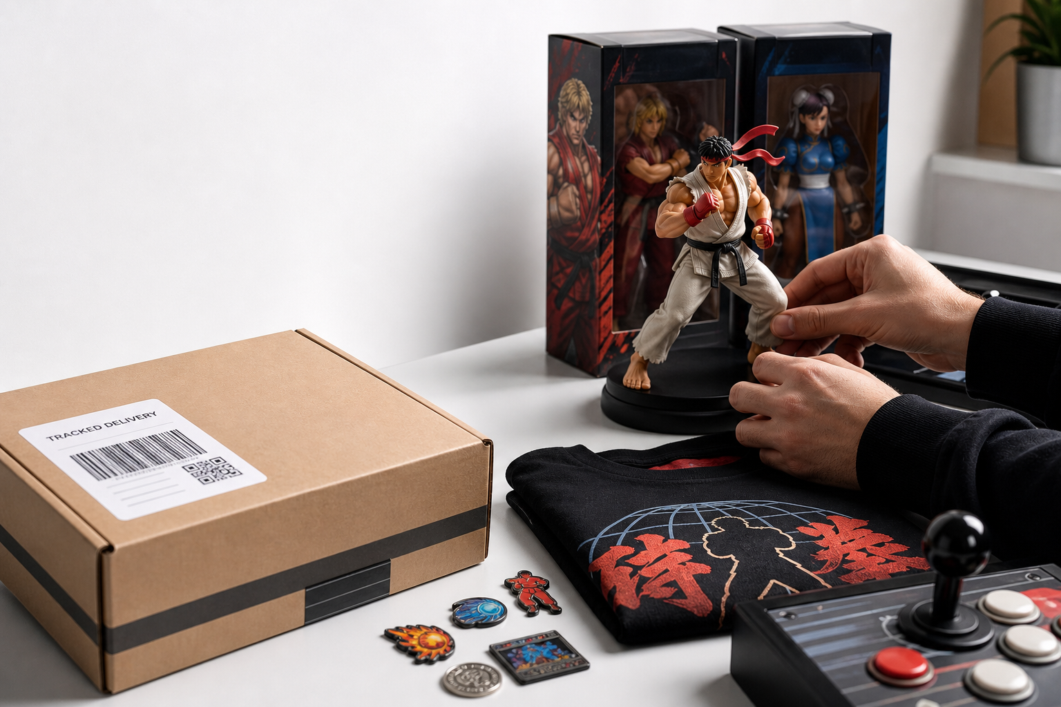 Händer placerar Street Fighter-inspirerad samlarfigur på modern desk i Sverige, med boxed figures, pins, t-shirt och spårat fraktpaket.