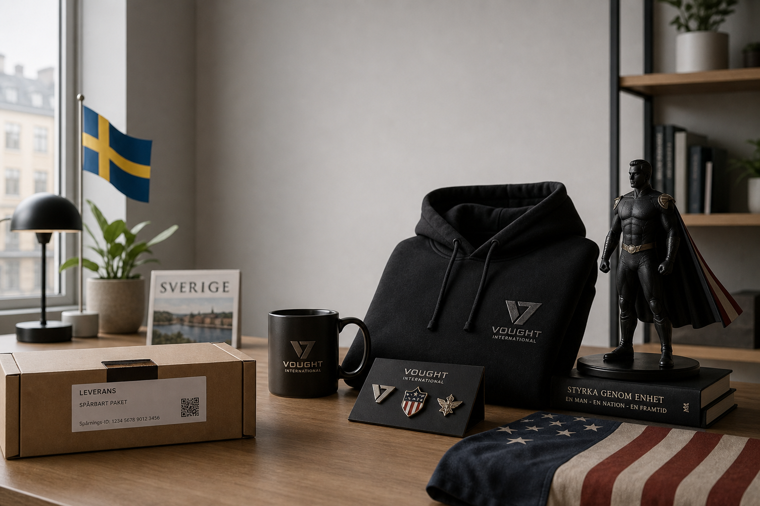 Premium The Boys-inspirerad merch i skandinavisk lägenhet: svart hoodie, mugg, pins och figur, med svensk detalj och spårbart paket.
