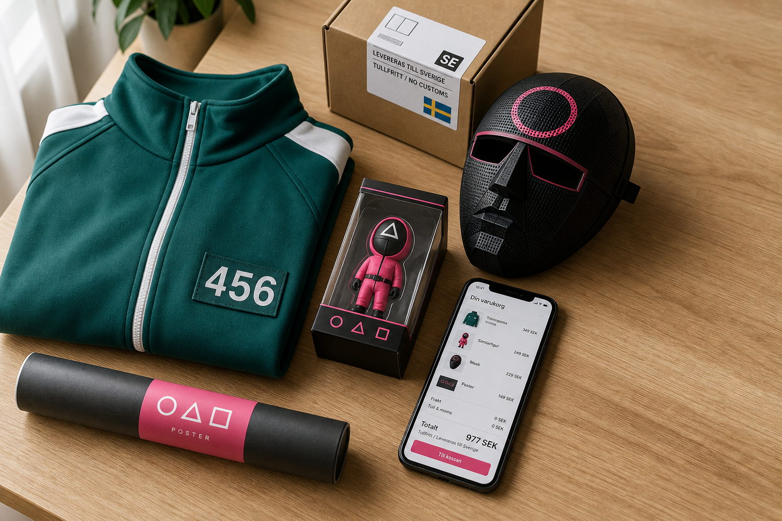 Flat lay på ekbord med Squid Game-inspirerade produkter, svensk webshop på mobil i SEK och fraktbox “tullfritt” – skandinavisk e-handel.