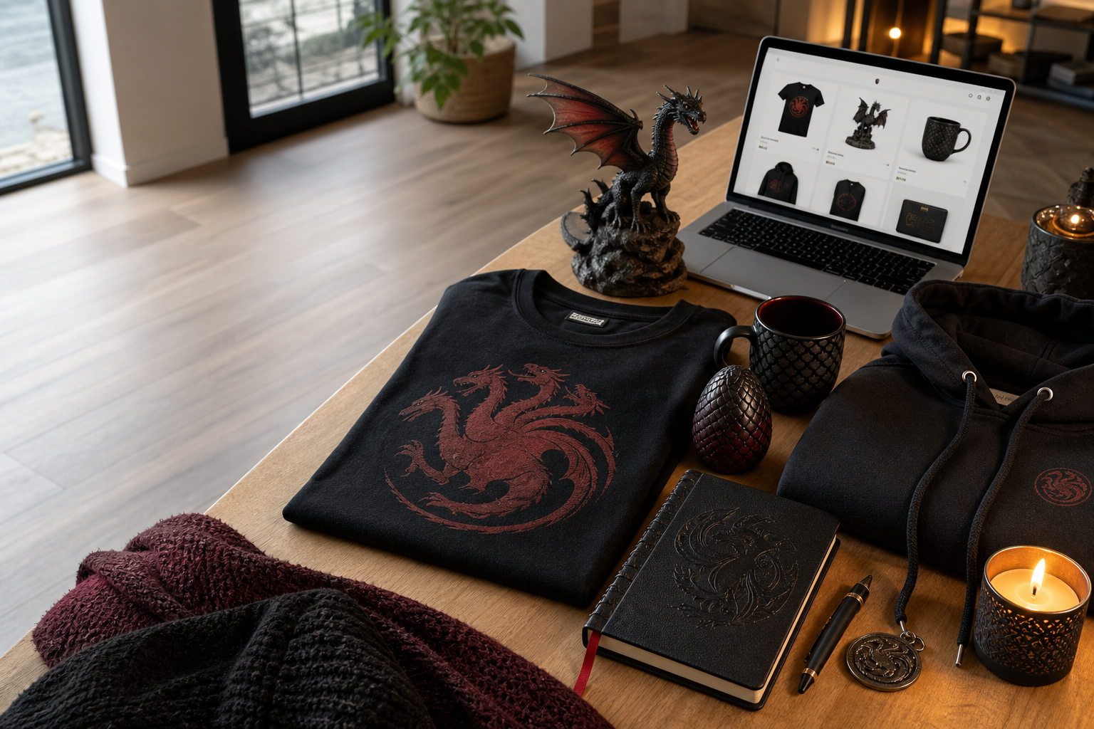 Flat-lay av drakdynasti-merch i skandinavisk lägenhet: t-shirt, hoodie, mugg, anteckningsbok, drakfigur och laptop med e-handel.