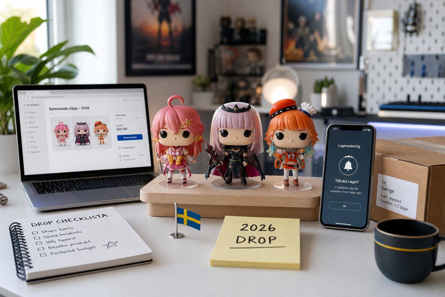 Skandinavisk skrivbordsmiljö med tre POP-liknande vinylfigurer, laptop med e-handel, stock alert i mobil och “2026 DROP” – Hololive x Funko för Sverige.