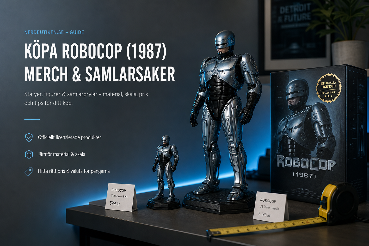 RoboCop (1987) samlarfigur 1/6 på modern hylla med officiellt licensierad box, mindre figur, måttband och prislappar i studioljus.