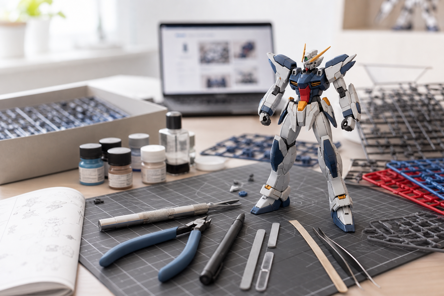 Delvis monterad Moderoid-inspirerad mecha på skärmatta med modellbyggverktyg och suddig laptop i bakgrunden – guide för plastmodellkit.