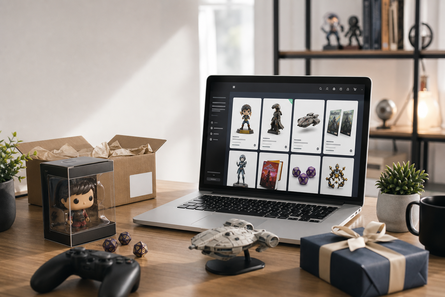Modern hemmakontorsdesk med laptop som visar popkulturbutik online, samlarprylar, tärningar, spelkontroll och presentbox med fraktkartong.
