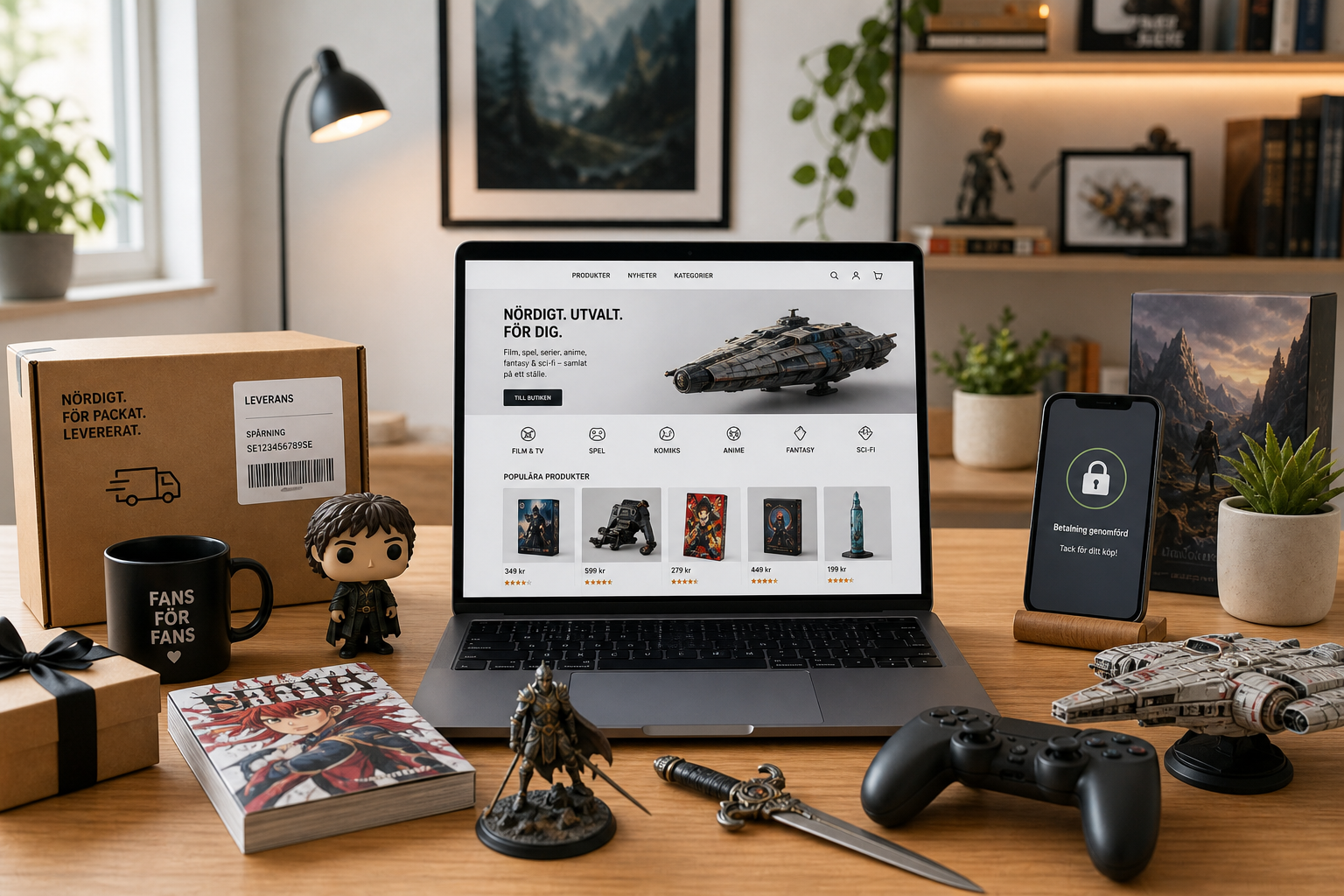 Skandinaviskt gamingkontor med laptop på nördshop, samlarprylar, spårbar leverans och säker betalning – hero bild för Nerdbutiken.se i Sverige