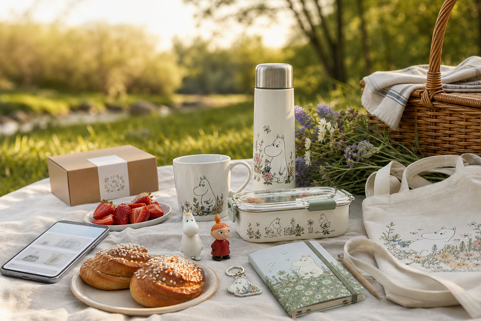 Mumin-merch på ljus linnéfilt vid sommarpicknick: mugg, termos, matlåda, pins, anteckningsbok och figurer med jordgubbar i park.