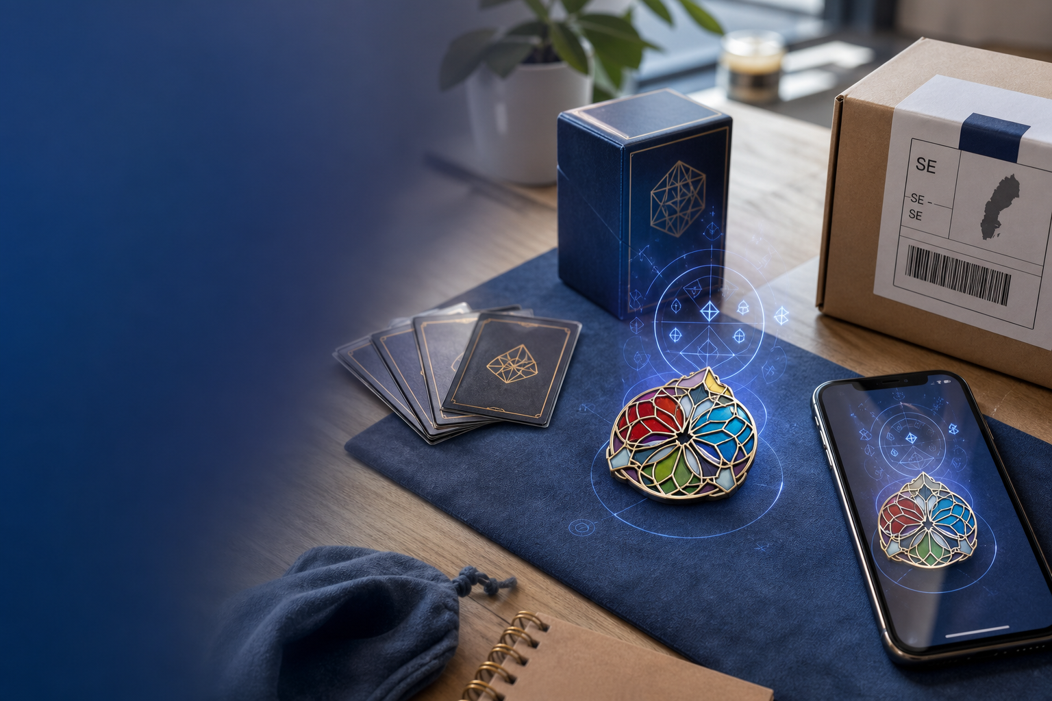 Scandinavisk skrivbordsmiljö med fantasyinspirerad emaljpin, kort och deckbox samt svensk fraktlåda och AR-glöd – MTG-merch guide Sverige