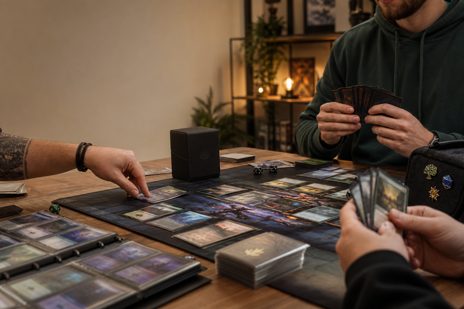 Mysig spelkväll med fantasy samlarkort på spelmatta, händer som spelar, tärningar och deckbox i skandinavisk miljö med varm belysning.