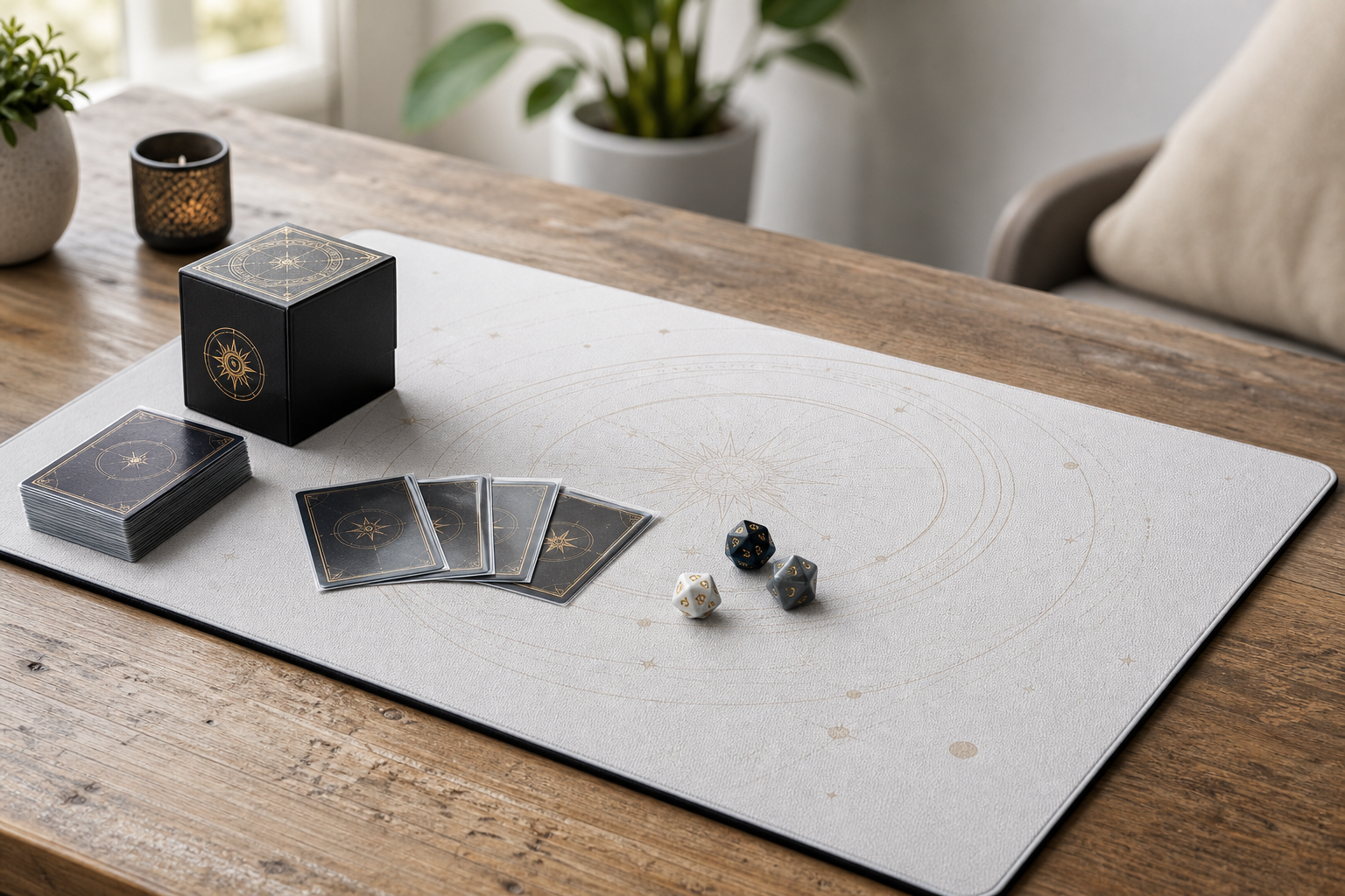 Premium spelmatta för TCG på skandinaviskt bord med kort i sleeves, deckbox och tärningar i mjukt dagsljus, skyddande 2 mm kant.