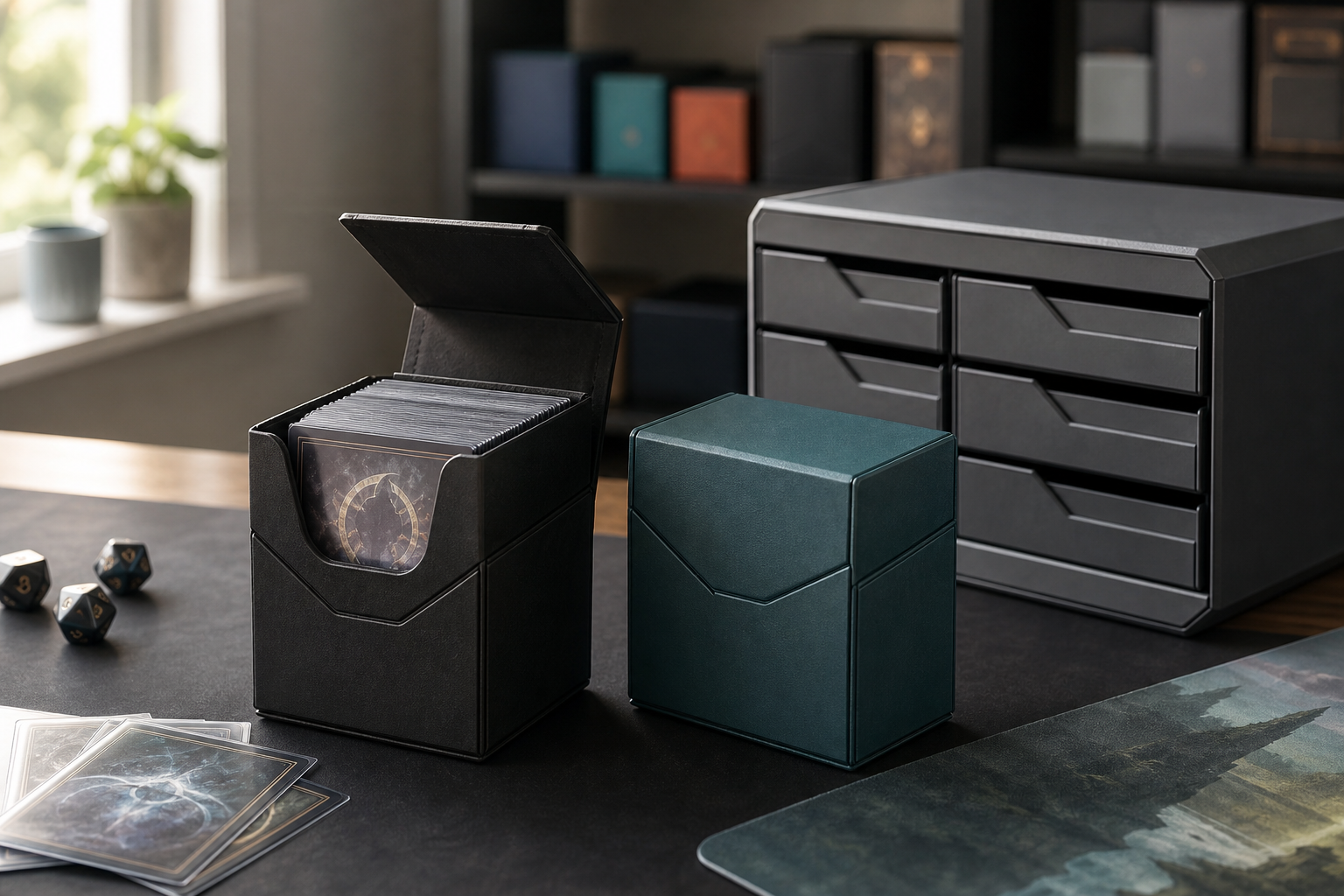 Premium deckboxar för samlarkort på skandinaviskt skrivbord – svart och teal, en öppen med dubbel-sleevade kort, tärningar och förvaringscase.