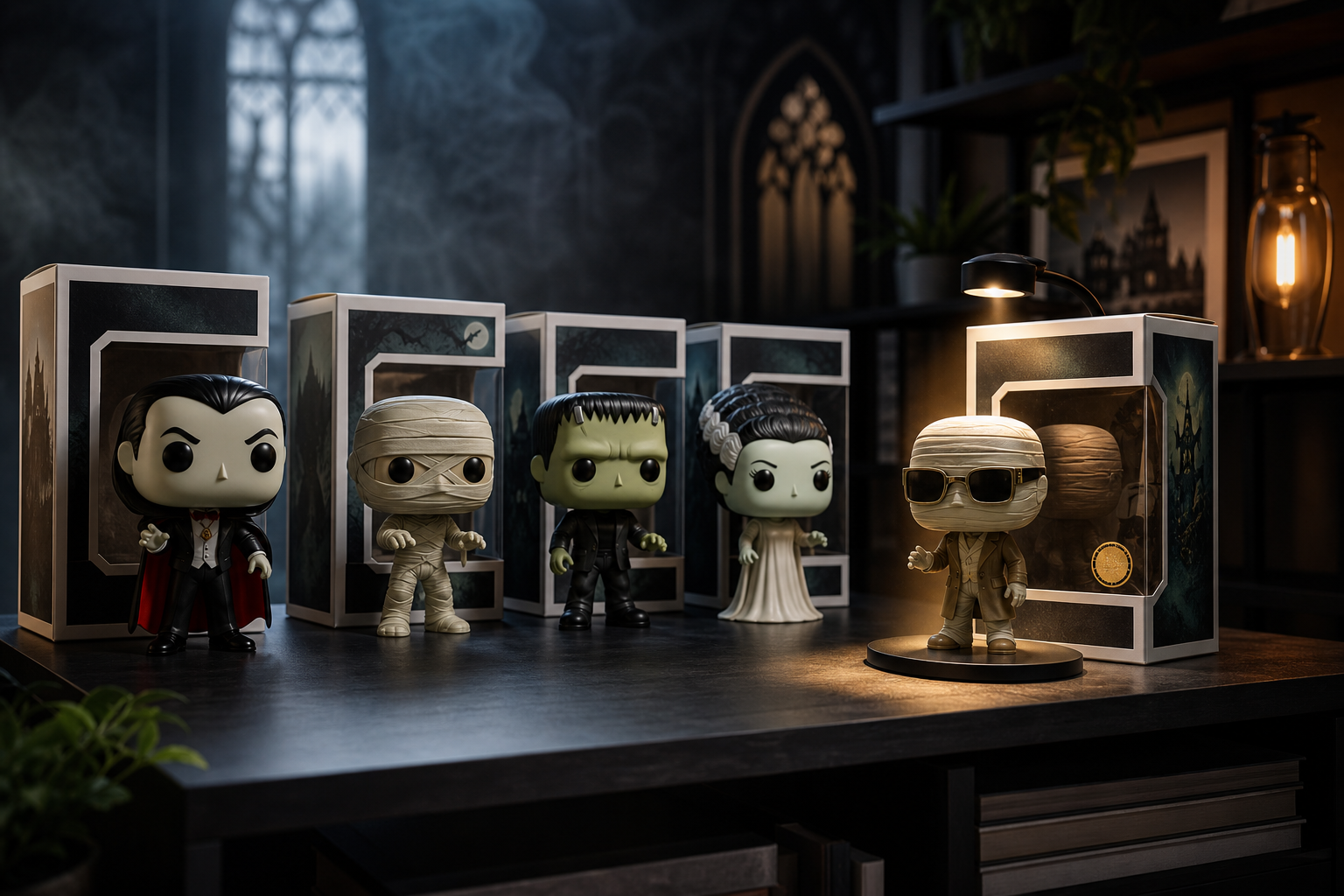 Skandinavisk kontorshylla med POP-stil vinylmonsterfigurer och fönsterförpackningar, subtil “chase”-variant med guldmärke, filmisk belysning.