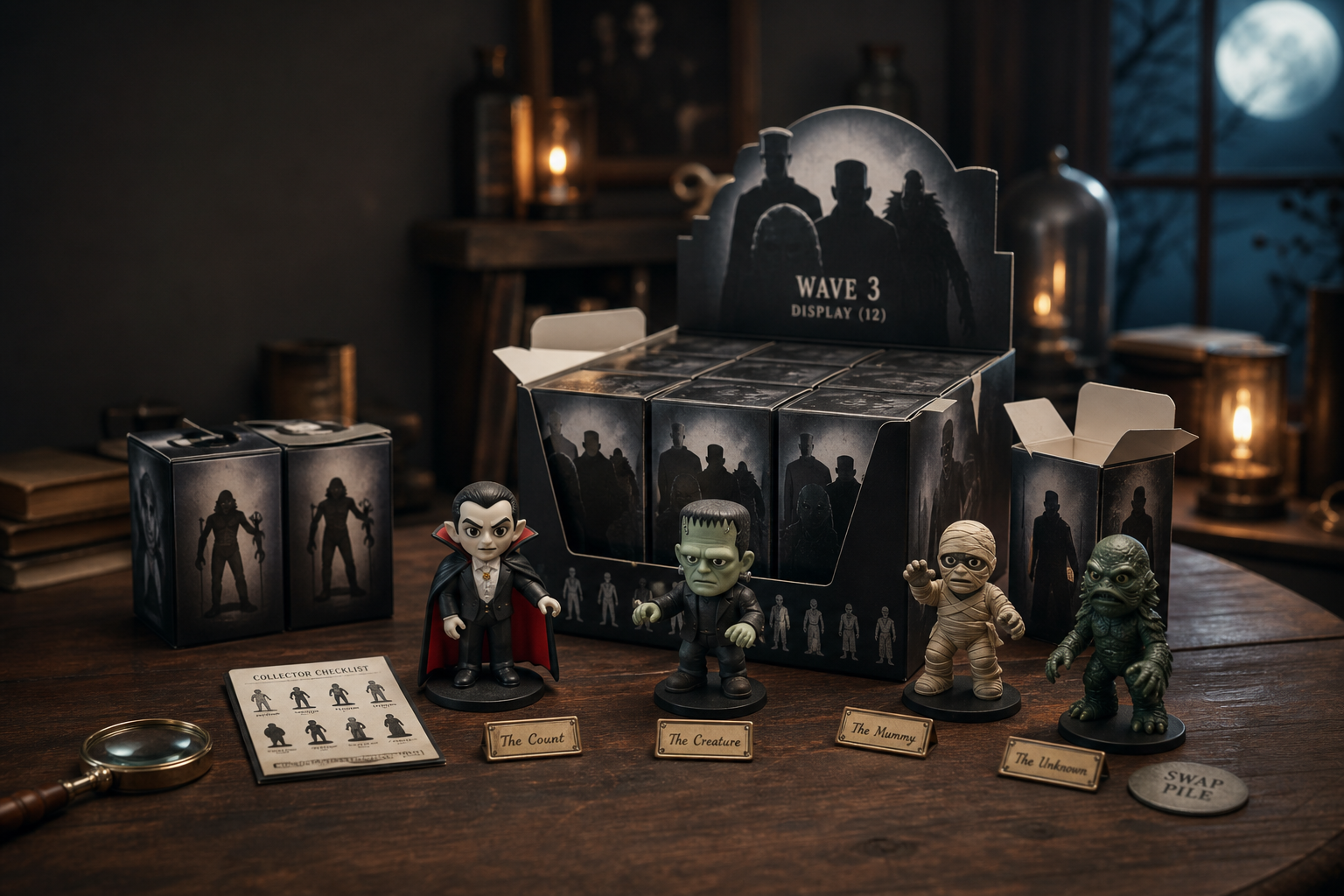 Premium samlarhylla med Wave 3 blind box-display och öppnade Universal Monsters-inspirerade vinylfigurer, checklistkort och dubletter.