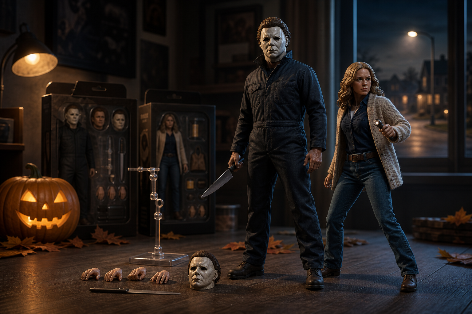 Samlarfigurer inspirerade av Halloween-filmserien: maskerad slasher med kniv och “final girl” i premium nerdbutiksmiljö med pumpa.