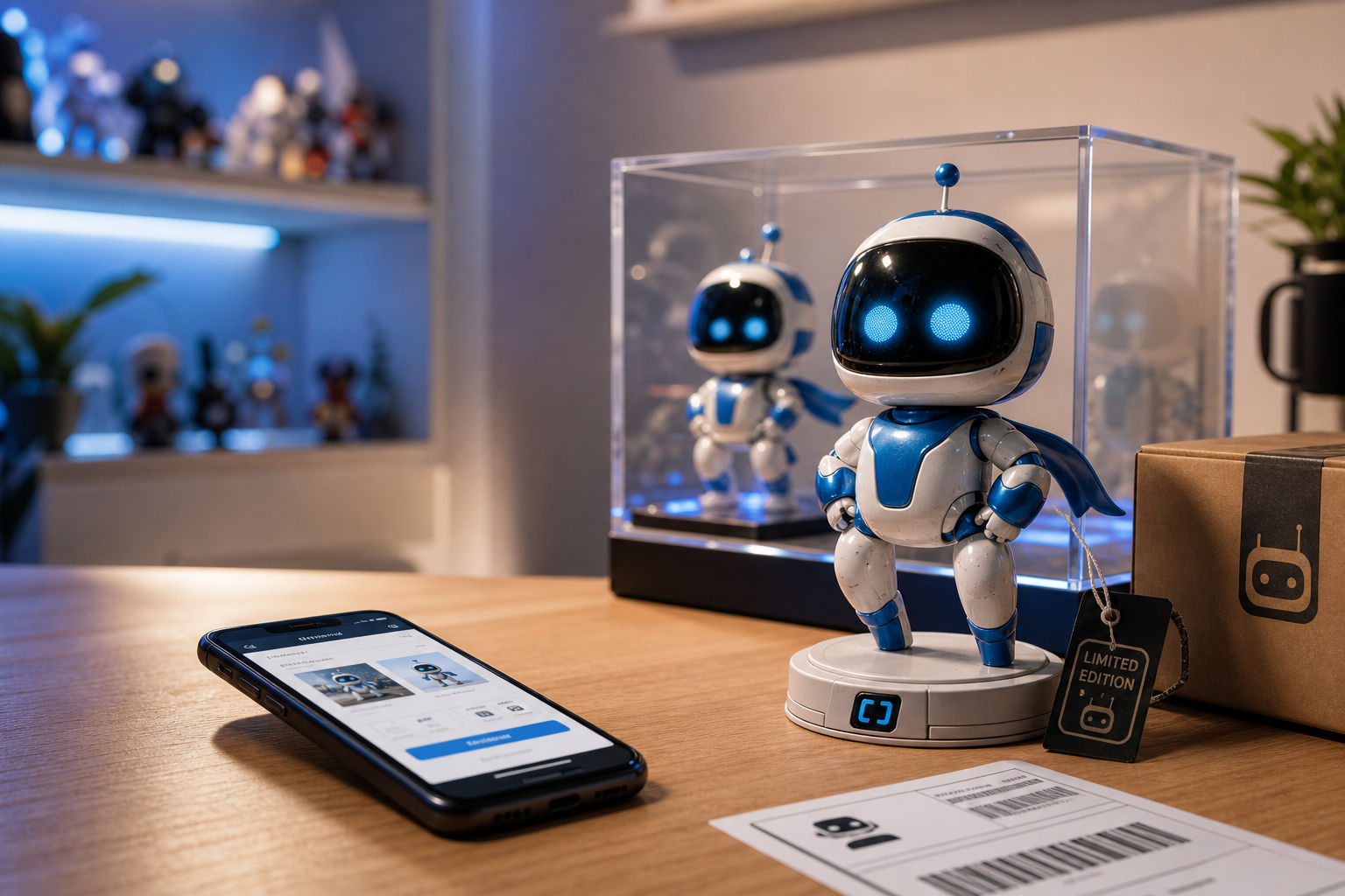 Vit och blå robotfigur i Astro Bot-stil på samlardesk, mobil med webbshop och fraktbox – premium hero-bild för Astro Bot-figurer online.