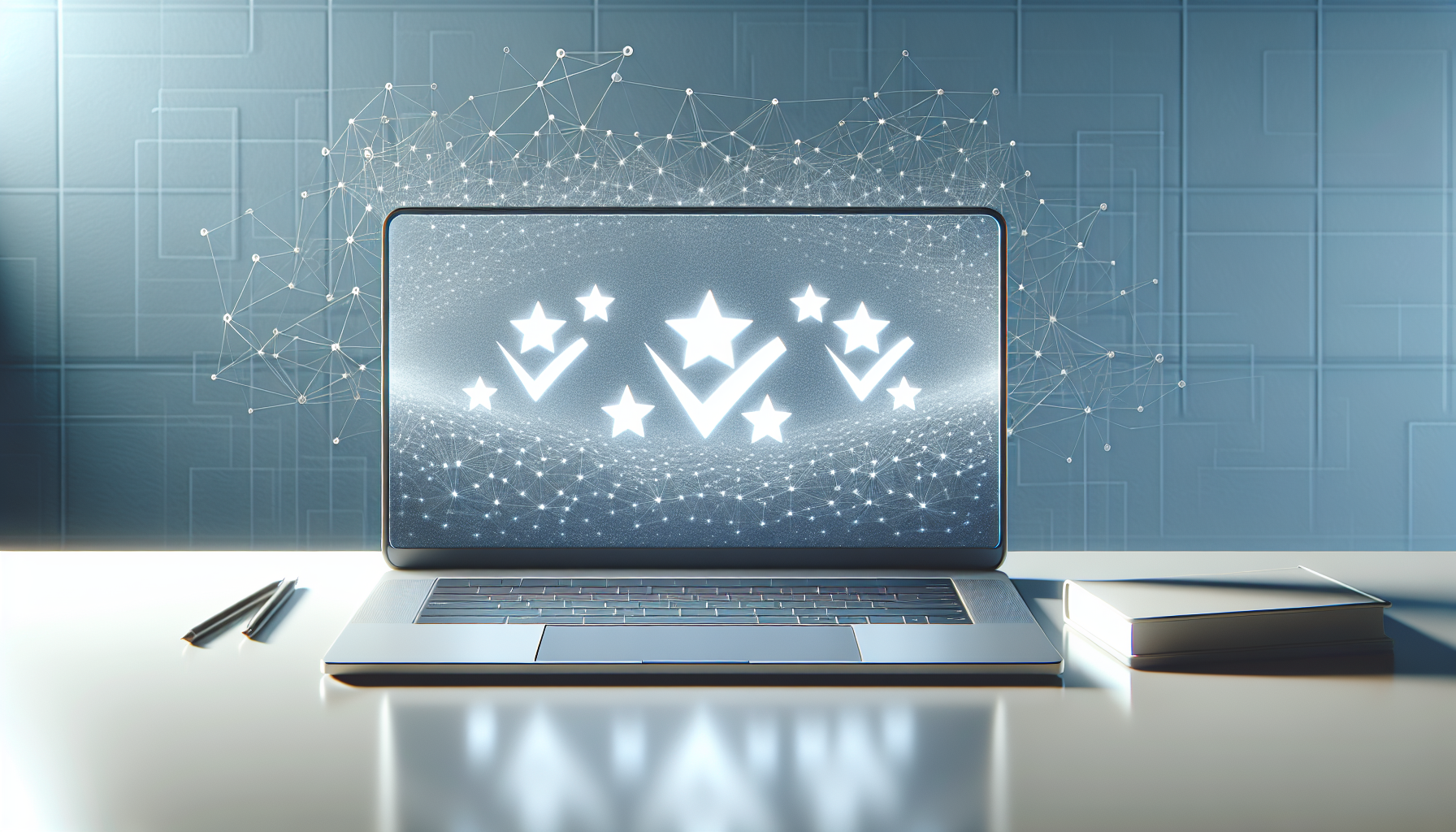 Sleek laptop on minimalist desk displaying abstract customer reviews, stars, and checkmarks, symbolizing Nerdbutiken Trustpilot ratings.