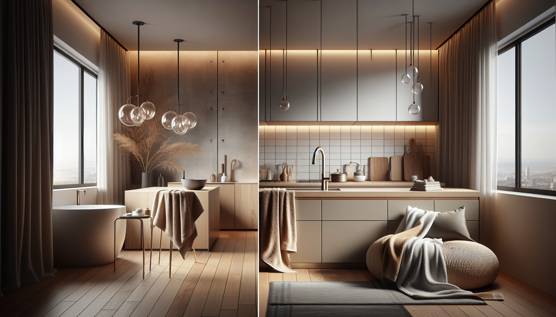 Modern bathroom and kitchen with Scandinavian design, featuring elegantly draped handdukar in muted colors, exuding luxury and practicality.