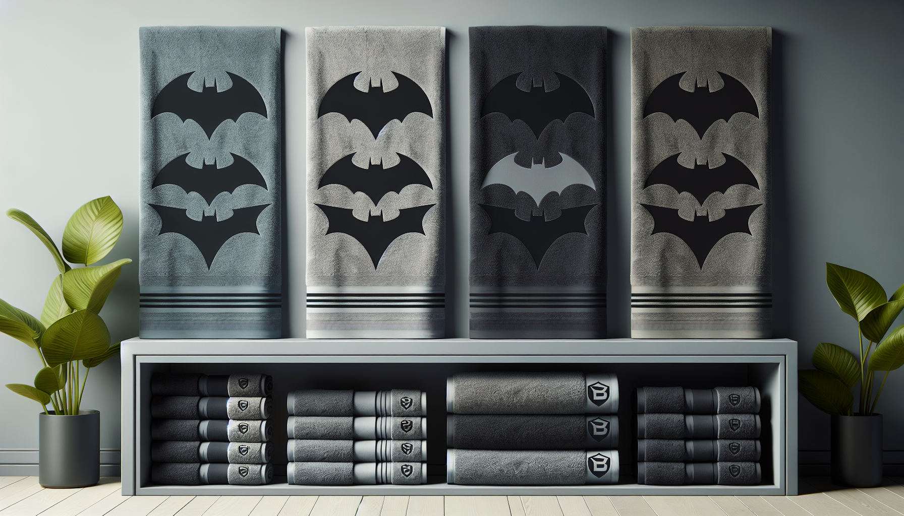 Neatly arranged Batman handdukar in sleek black and gray shades, showcasing iconic logos on a minimalist, elegant background.