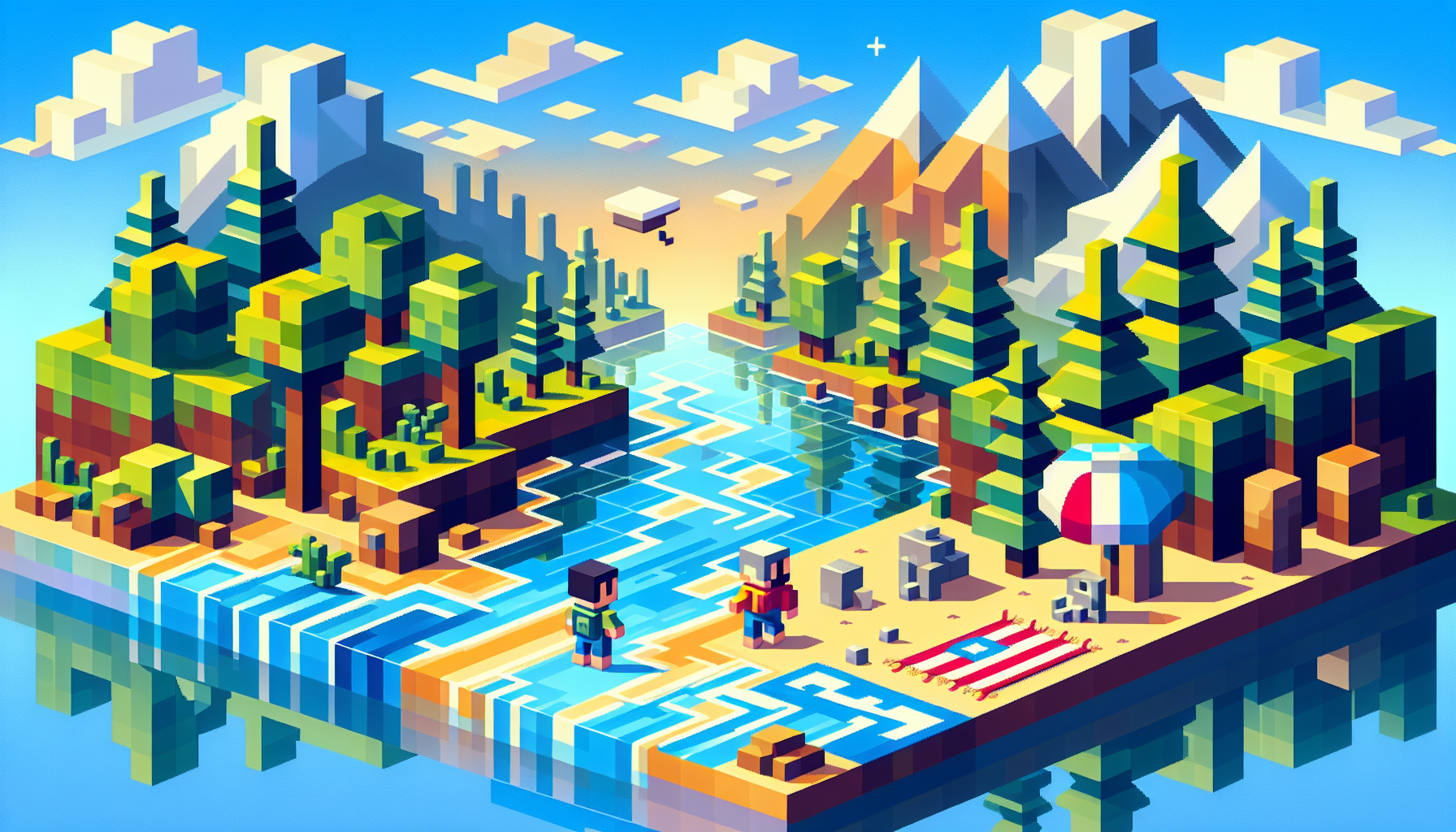 Vibrant Minecraft scene with Steve, Alex, and a Creeper exploring pixelated landscapes, featuring colorful Minecraft Handdukar on a beach.