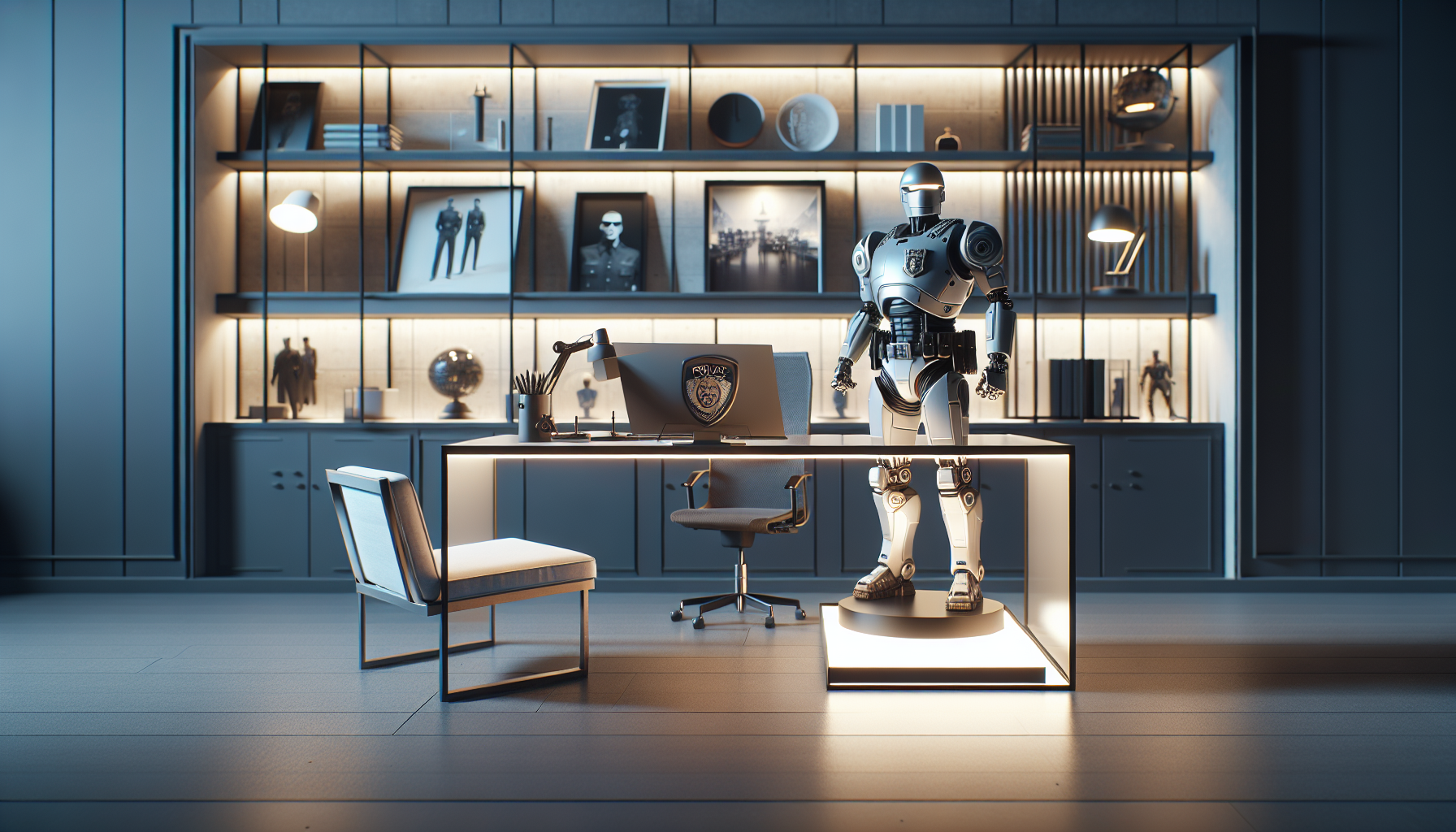 Modern workspace featuring a detailed RoboCop figure on a minimalist desk, highlighted by ambient lighting, surrounded by vintage collectibles.