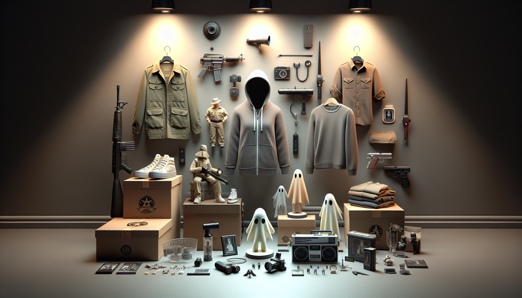 Modern display of Ghostbusters merchandise: action figures, apparel, and collectibles on neutral background, evoking nostalgia and excitement.