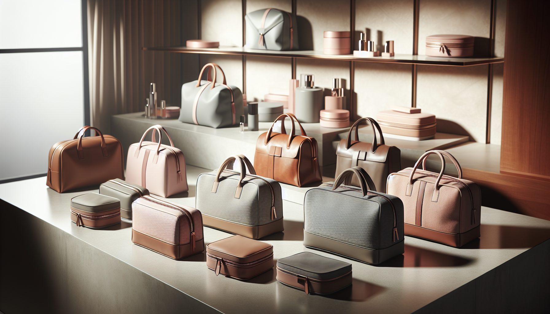 Stylish necessärer on minimalist surface; diverse textures and colors for makeup, travel, everyday use; elegant, soft lighting.