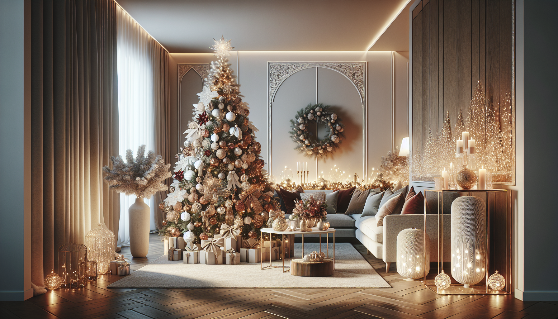 Cozy living room with a beautifully adorned Christmas tree, featuring shimmering ornaments and velvet bows, showcasing Scandinavian juldekorationer.