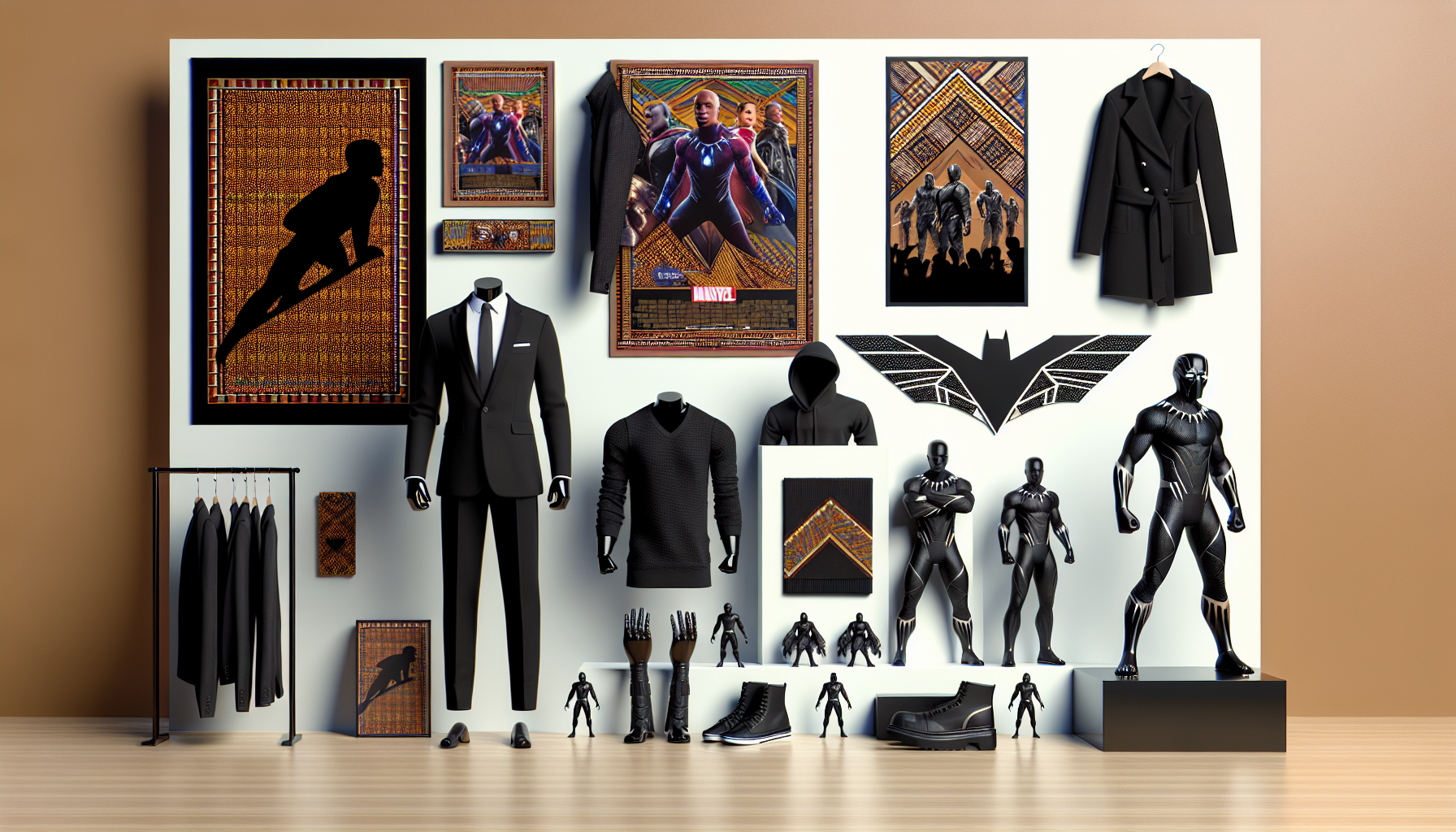 Sleek display of Black Panther merchandise, featuring action figures, posters, and clothing with Wakandan geometric patterns.