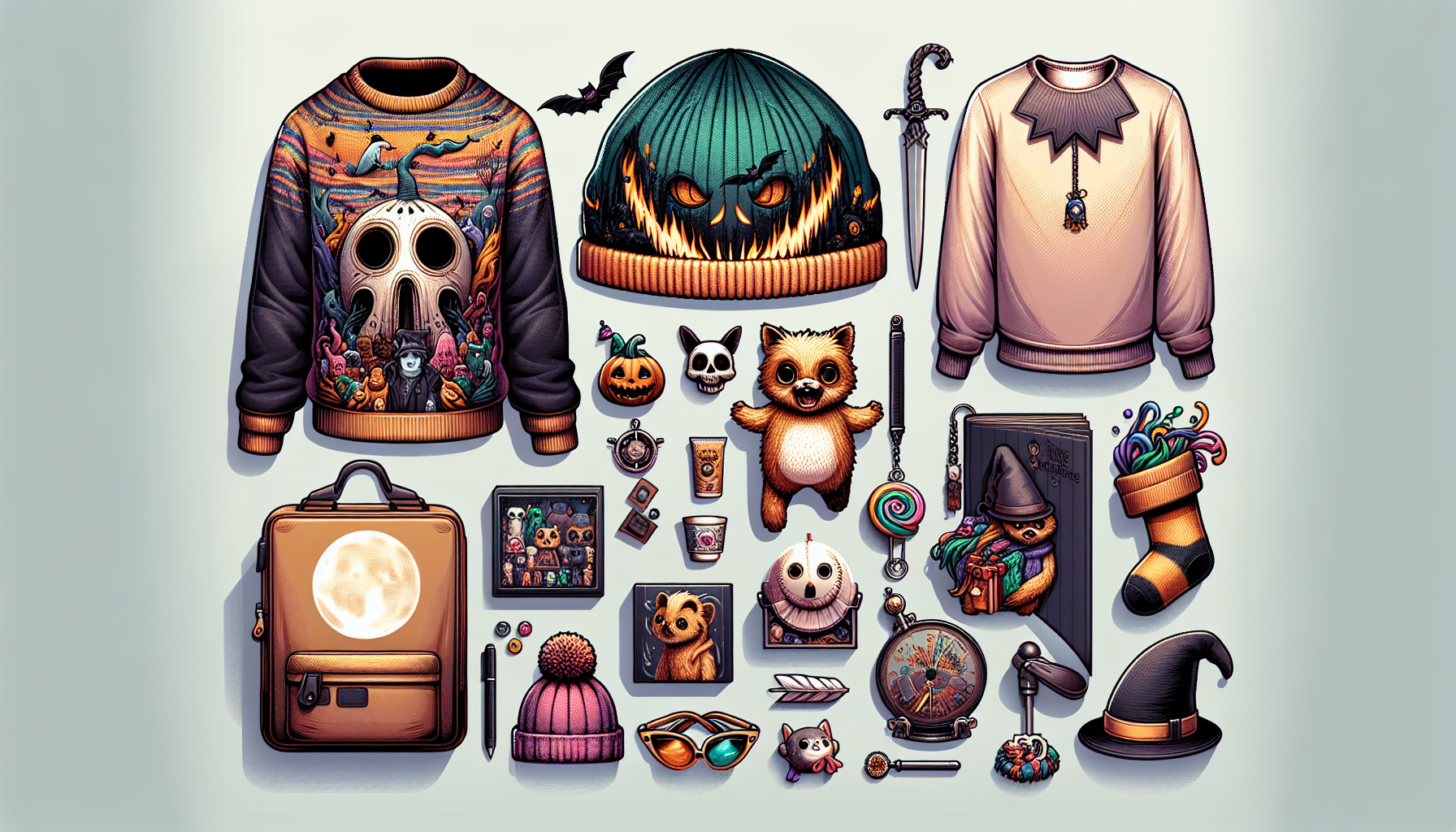 Aesthetic display of Coraline merchandise: clothing, accessories, and collectibles on a neutral backdrop, highlighting exclusive fandom appeal.
